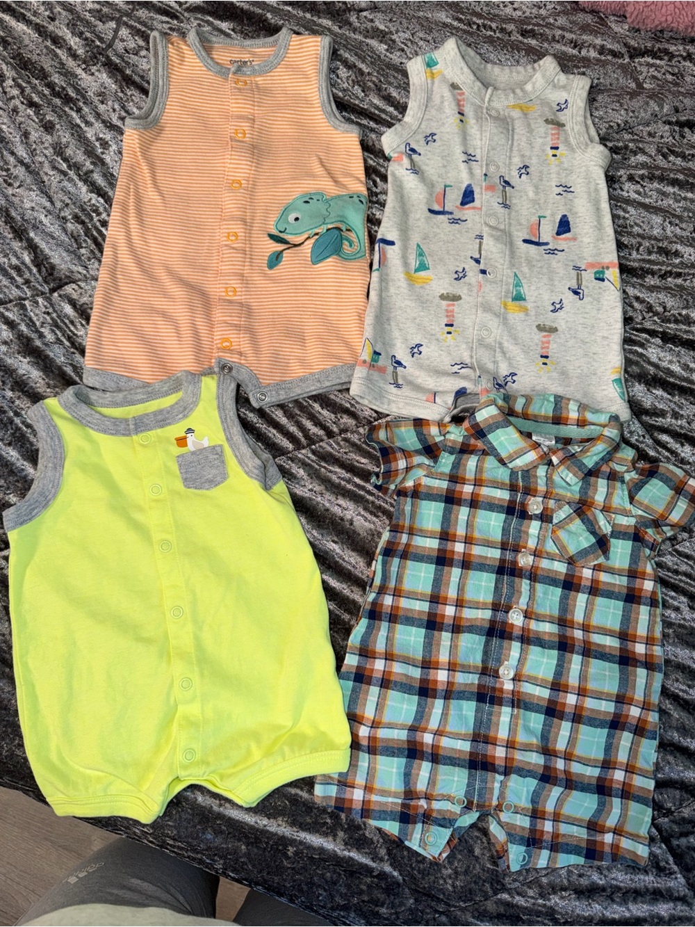 Baby Boys' Mixed One-Piece Rompers - Orange, Gray, Lime & Blue Plaid